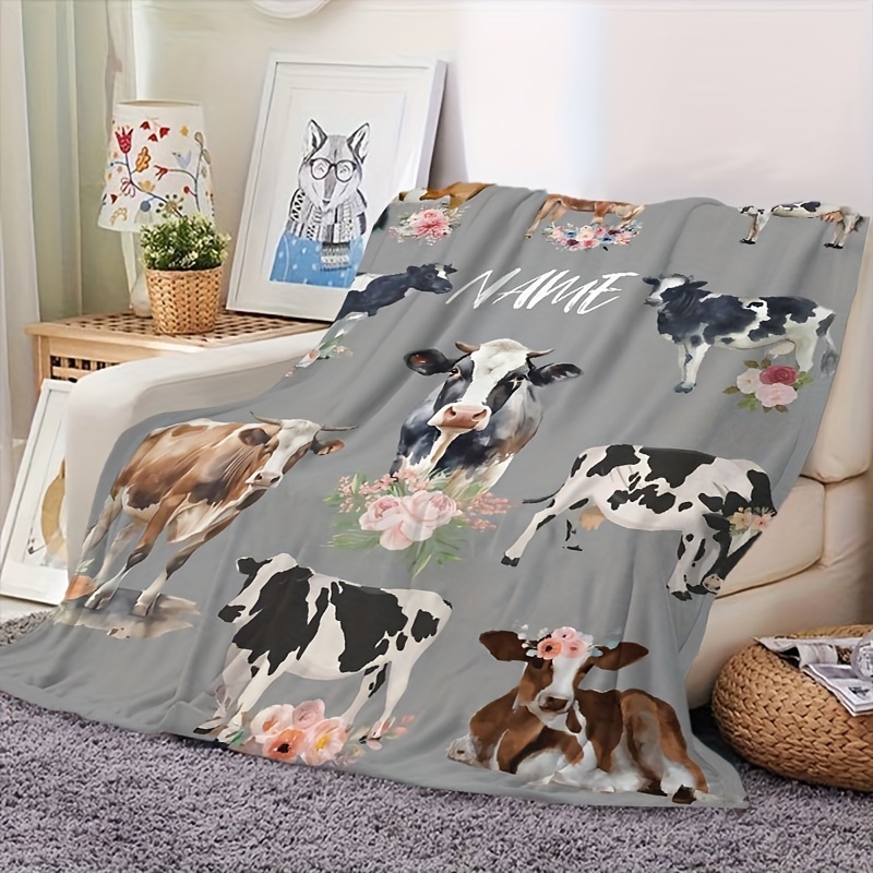 

Custom Name Flannel Throw Blanket - Vintage Farm Cow & , Plush For Couch, Travel, Camping | Allergy-friendly, Hand Wash Only