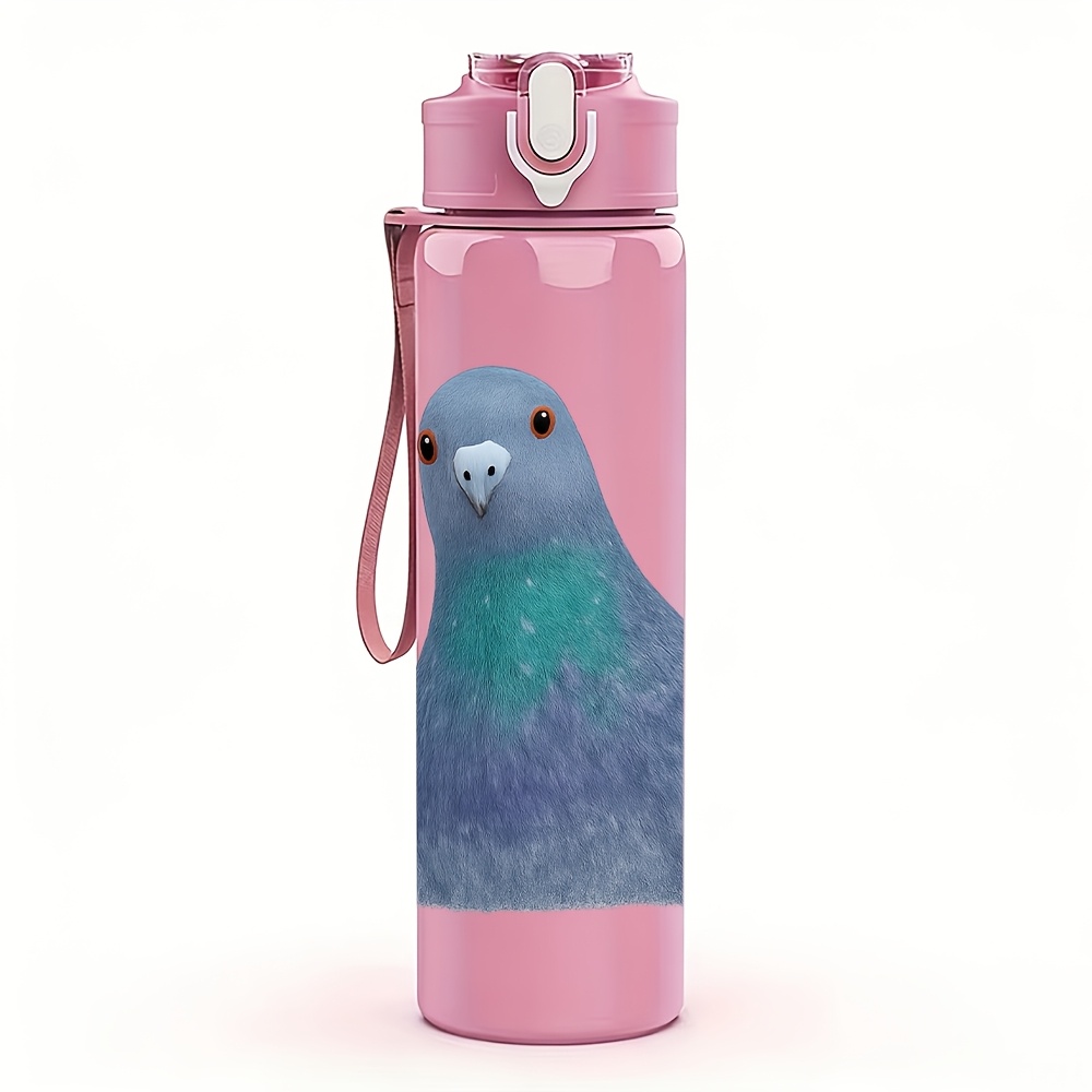 TEMU 1pc Light Gray Realistic Pigeon Watercolor Minimalist Style, 750ml Colored Plastic Sports Water Bottle, Cute Print, Leak-proof Pop-up Lid,