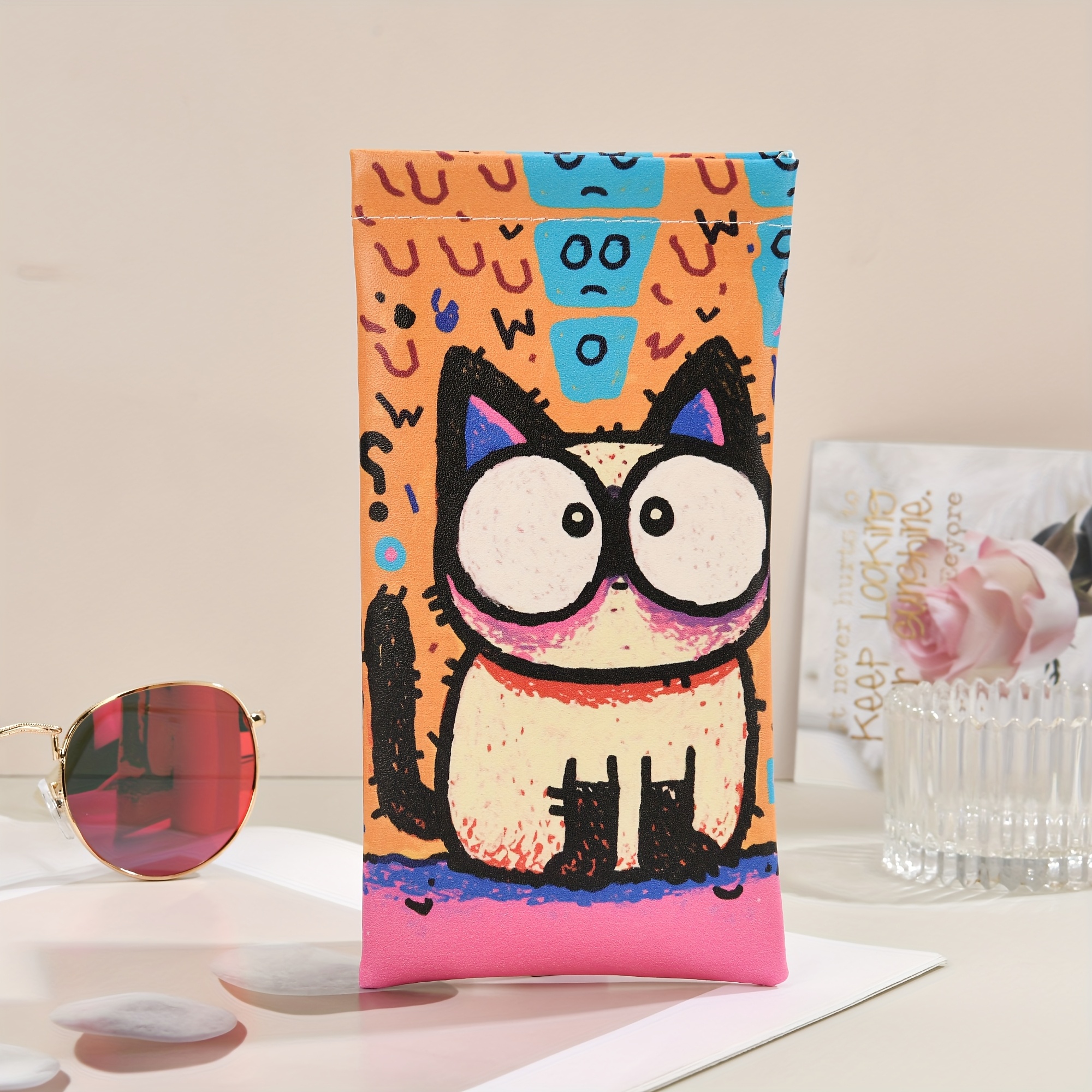 1pc, Cute Pattern Glasses Pouch, Women's Glasses Bag, Men's Glasses Bag, Faux Leather, Portable, Fashionable And Versatile