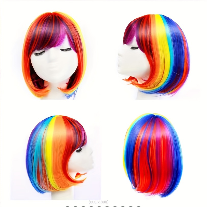 

Rainbow Bob Wig, 12 Inch Synthetic Hair, Short Vibrant Party Cosplay Costume For Women, Halloween Fashion Accessory Music Festival