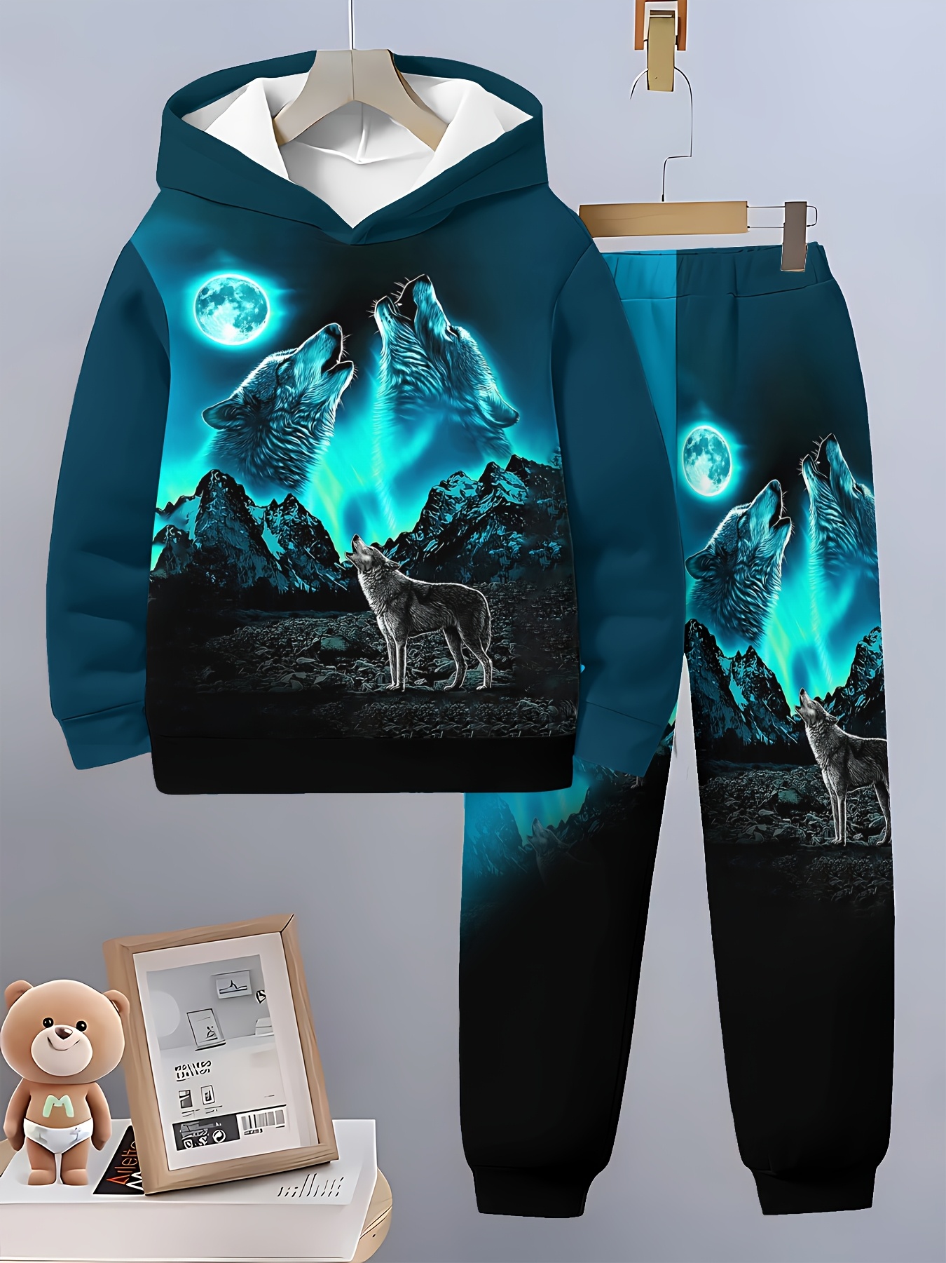 6-delige Wolf Serie 3D Print Lange Mouw Hooded Sweatshirt Set voor Jongens