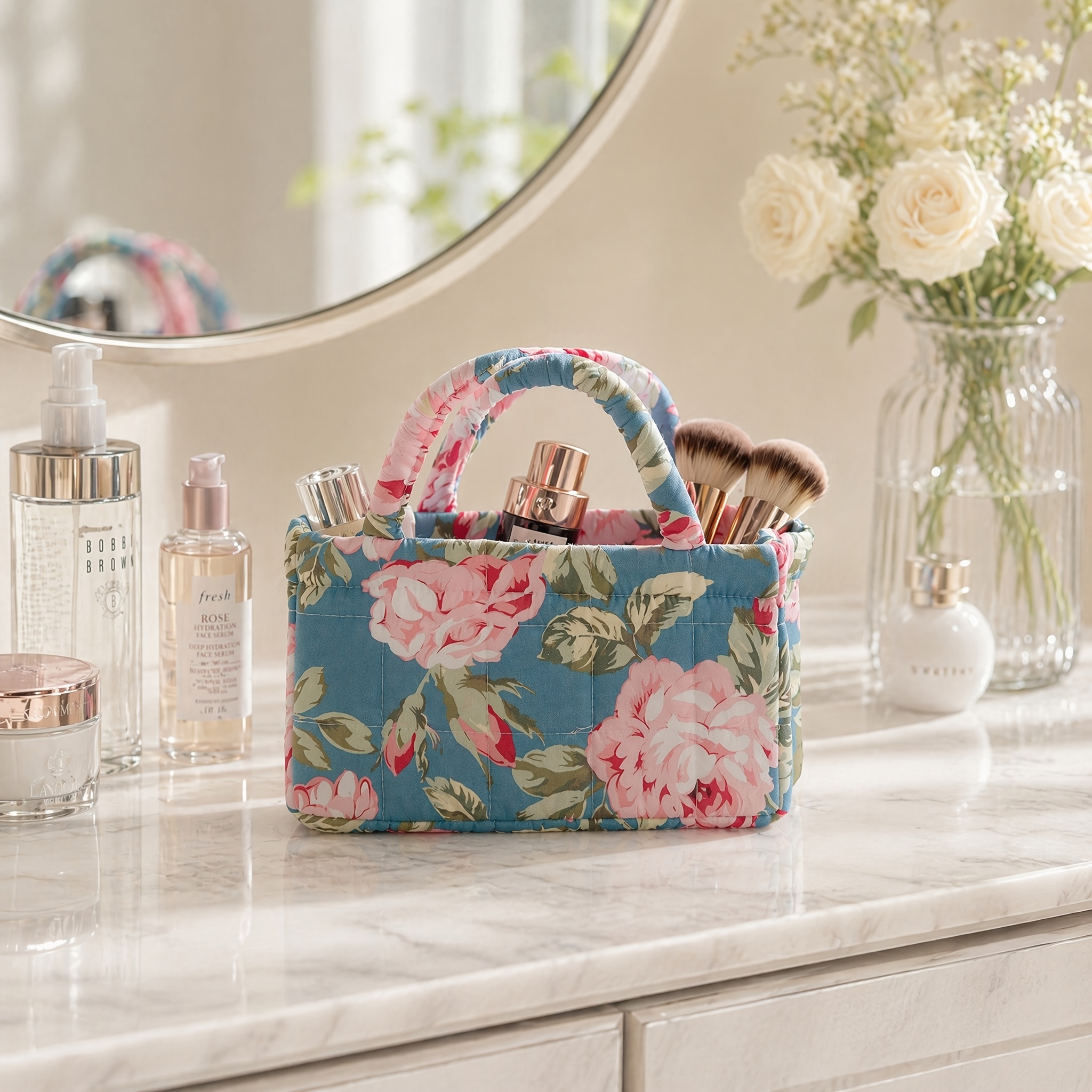 TEMU Panier de Rangement, Panier de Rangement à Imprimé Floral Cottagecore, Panier de Rangement de Bureau Matelassé , Organisateur pour Coiffeuse