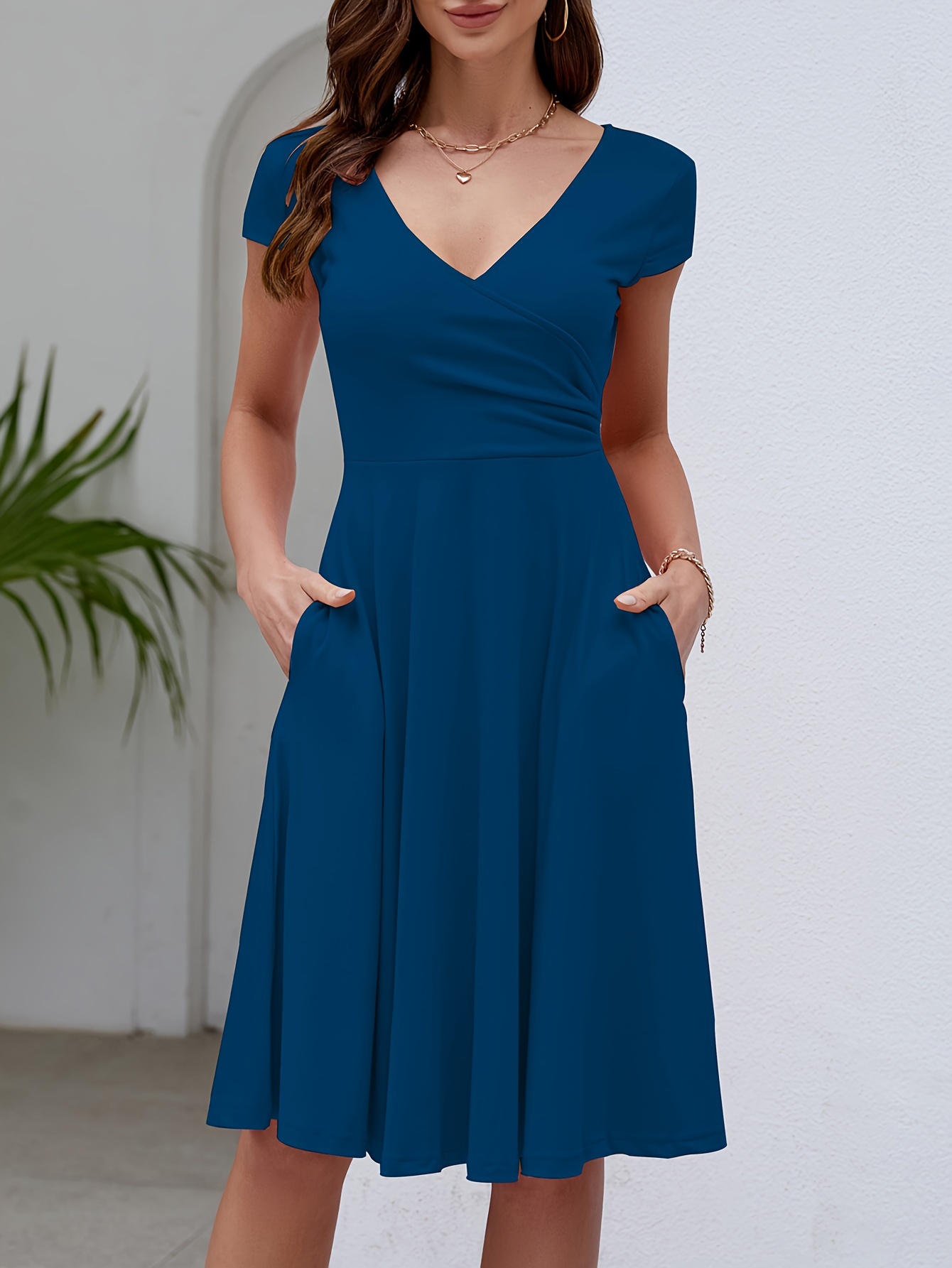 solid color short sleeve a line dress casual v neck knee length dress womens clothing peacock blue 0