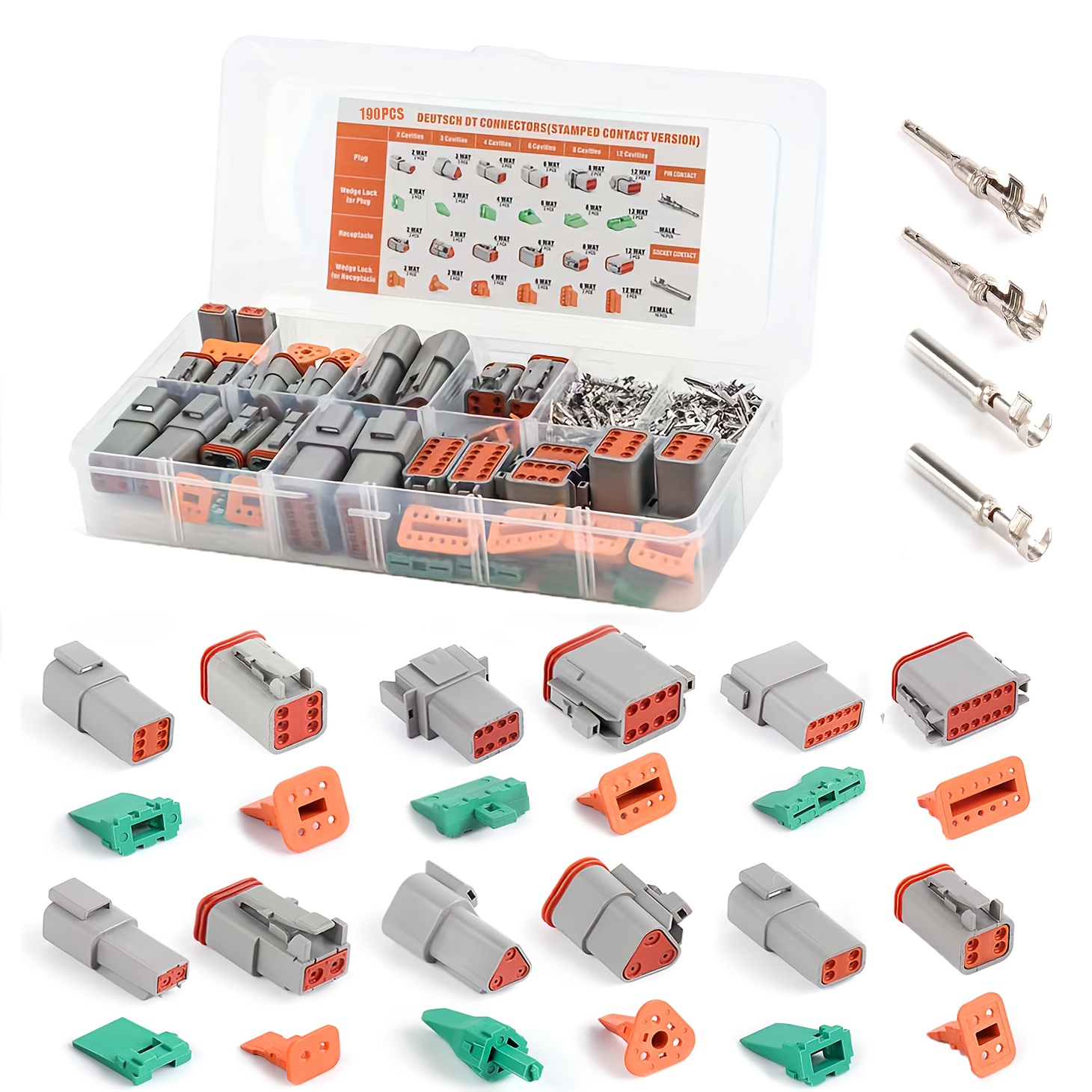 Connector Kit 190pcs, 12 Sets Of 2, 3, 4, 6, 8, 12-pin Connectors, Size 16, Contacts, 14 Awg Dt Series Sealed Automotive Wire Connectors