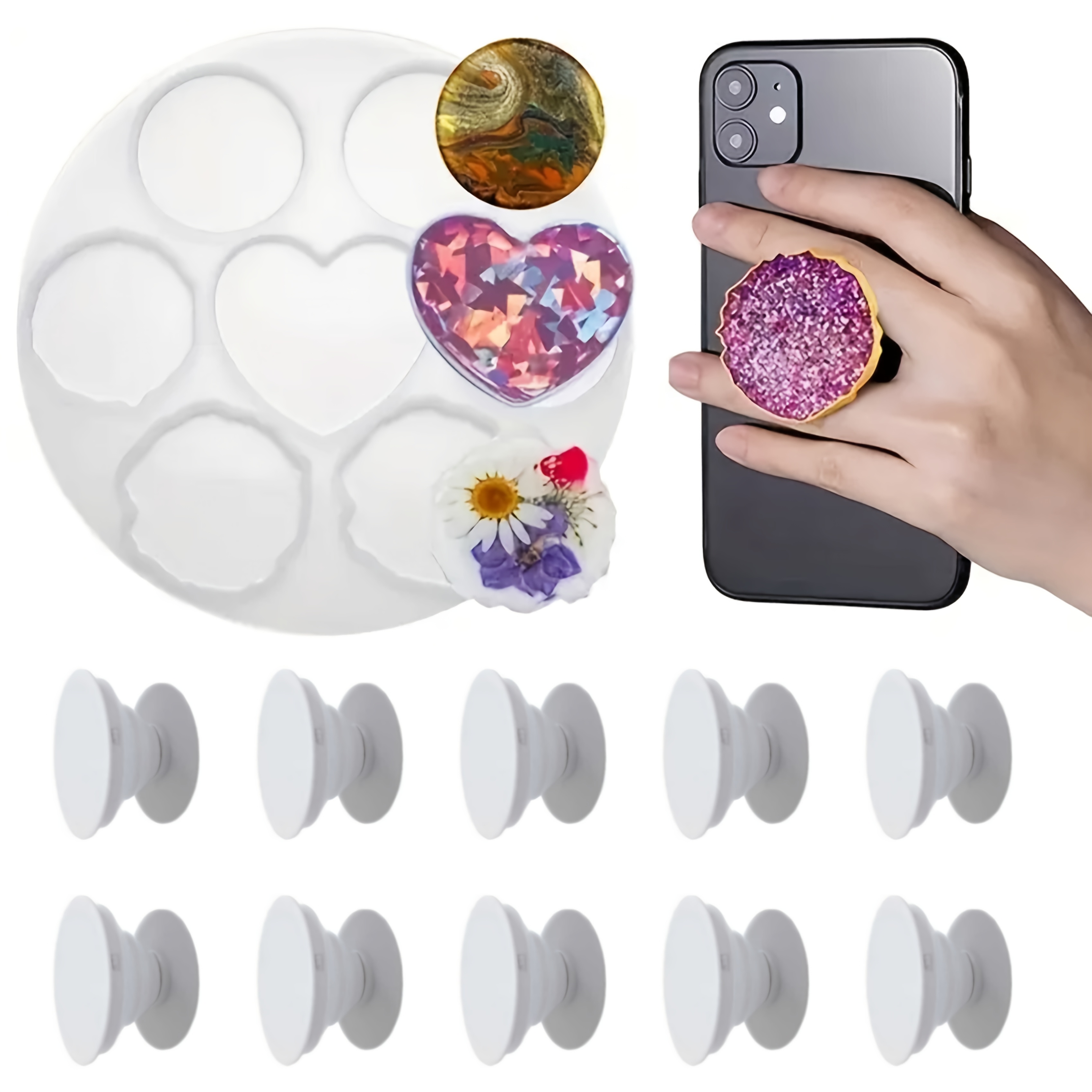 Image of 11pcs, Irregular Mobile Phone Holder Resin Molds Epoxy Silicone Mold Set, 1pc Mold & 10pcs Phone Holder, Full Piece Love Coaster Pendant Silicone Mold, Reusable, High Frequency Use, Self Use, Gift For