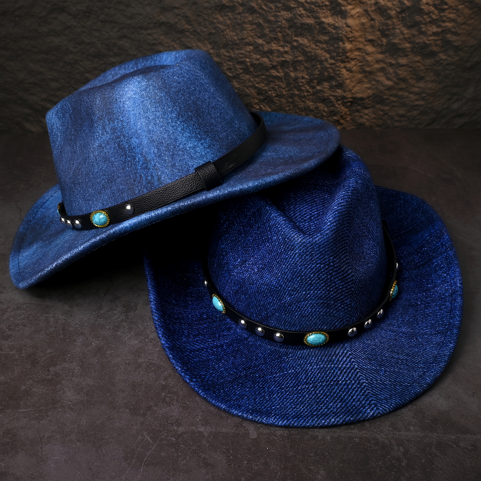 

Women's Blue Denim Cowboy Hat With Turquoise Gemstone Accents, Cotton , Non-stretch, Lightweight, Washable, Western Style, Casual Travel Accessory For Fall/winter