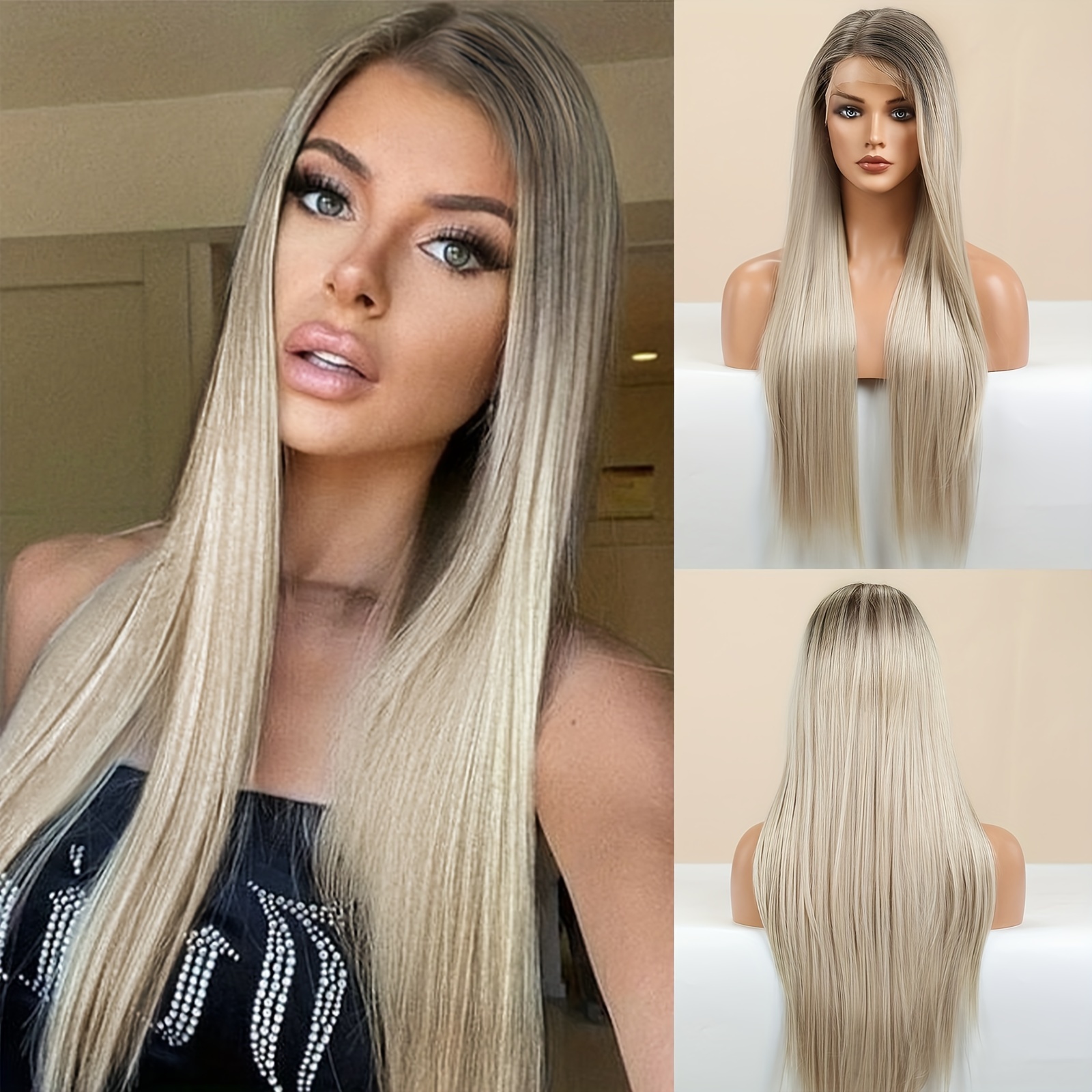 TEMU Ombre Brown Silvery Blonde Lace Front Wigs For Women, Synthetic Hair Platinum Blonde Lace Front Wig, Side Part Long Straight Wig, Straight Wig 24 Inch Eal-087