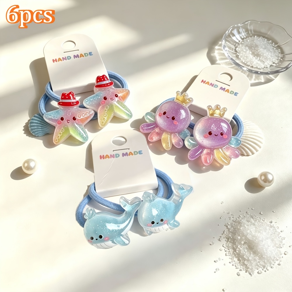 TEMU 6pcs Set Of Hair Ties, Gradient Shimmer , Octopus, Starfish, Dolphin Cute Hair Additions, Suitable For Ocean-themed Party Supplies And Gifts