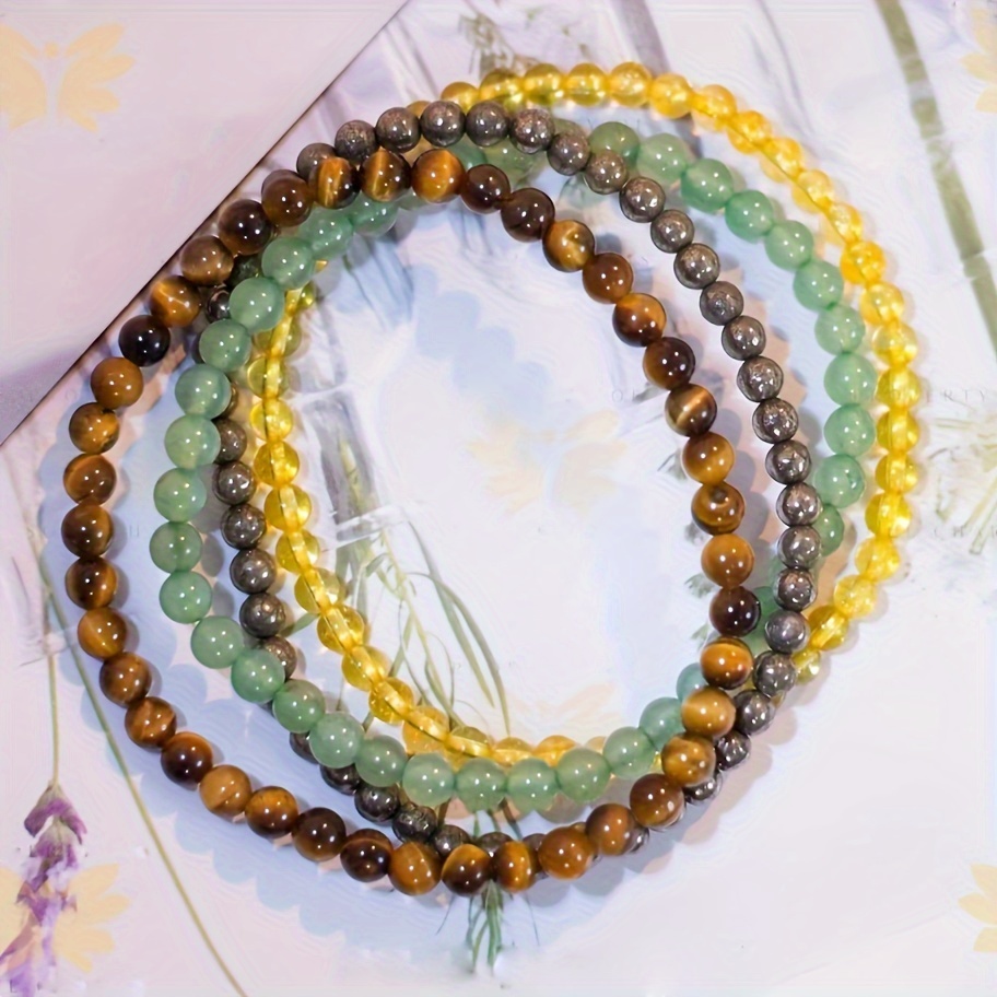 

4pcs Boho Chic Natural Stone Bracelet Set - , Quartz, Green , Citrine & Tiger Eye For And Good Luck - Casual Attire