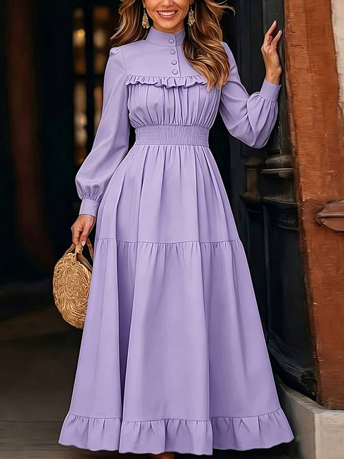 spring summer court style olive up collar dress wood ear trim puff sleeve cable waist vintage elegant flared long skirt womens 3a11378 1