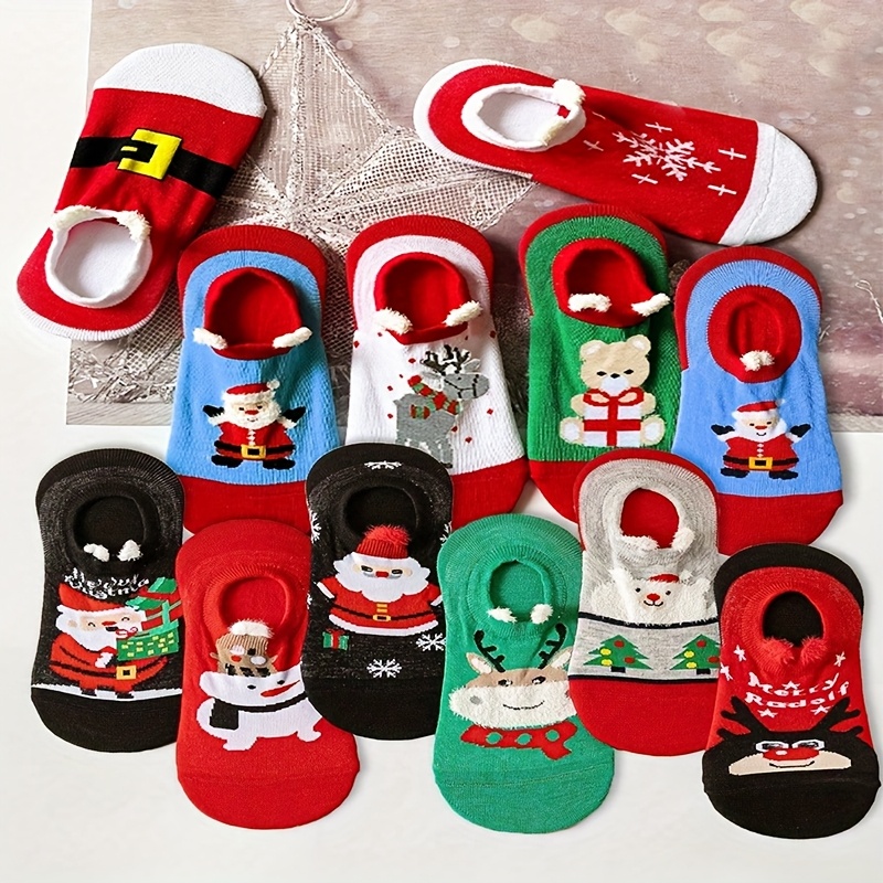 TEMU Random 5 Pairs Cute Cartoon Christmas Women's Mid-calf Socks, Boat Socks, Warm Socks, Floor Socks, Suitable For Winter Christmas Outfits