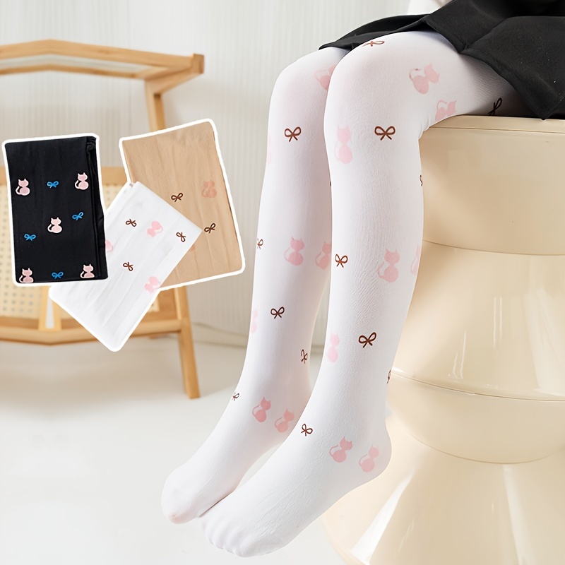 

A Pair Of Girl's Cat & Butterfly Pattern Pantyhose Floret, Solid Colour Comfy Mesh Breathable Leggings Pantyhose, Spring & Summer