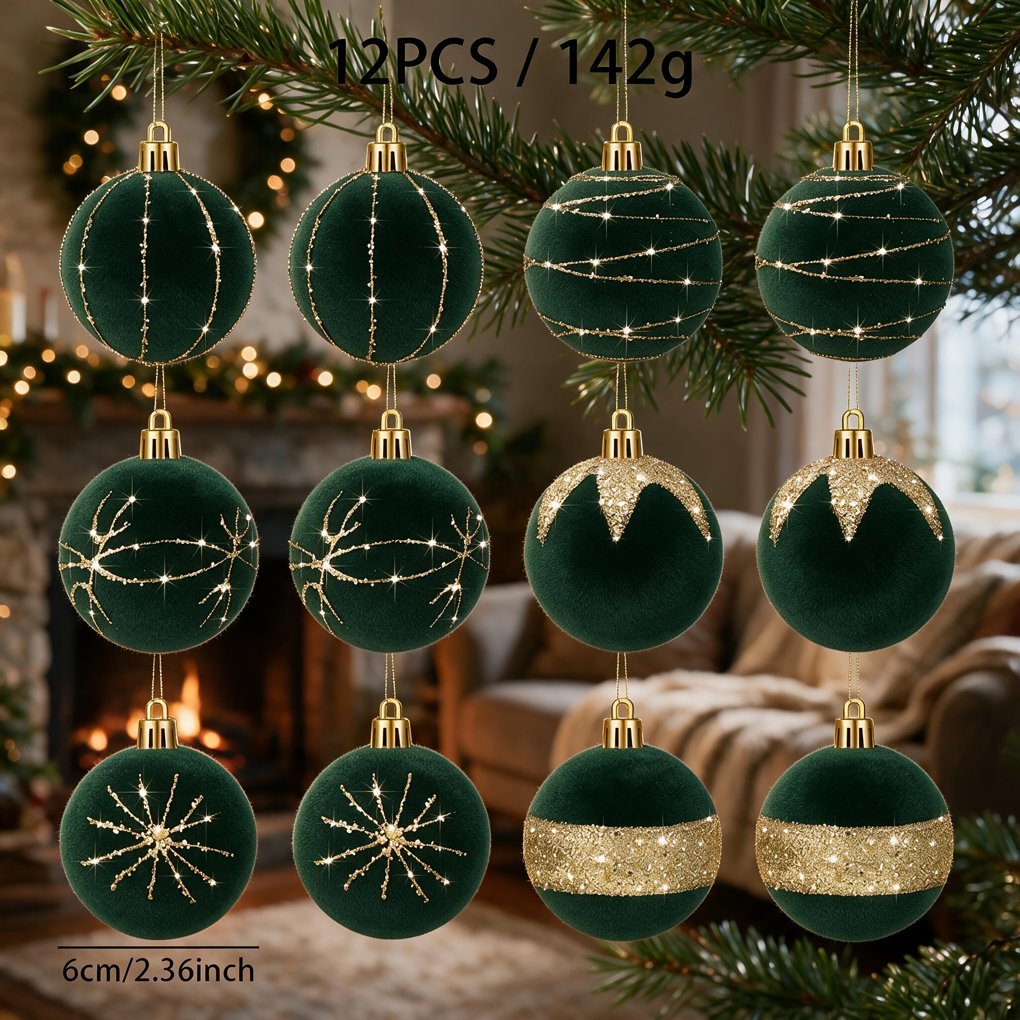TEMU Ornements de sapin de Noël, ensemble de 12 pièces, velours vert foncé, paillettes dorées, boules de Noël multi-, boîte cadeau, boules de Noël