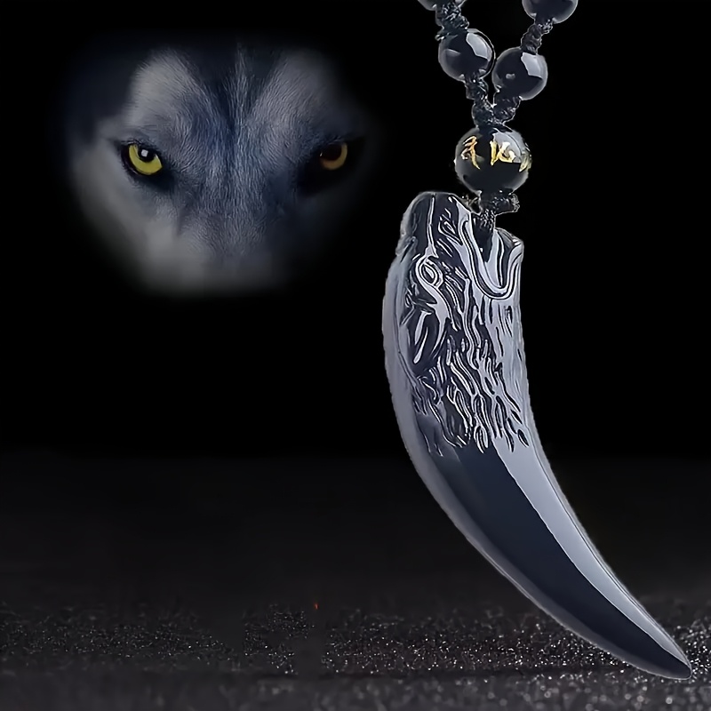 mens boho style obsidian wolf tooth pendant necklace beaded Temu