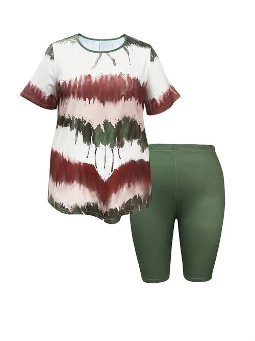 two piece set of oversized fashionable tie dye striped printed short sleeved shorts