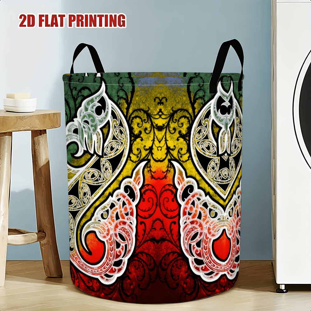 TEMU Traditional Maori Tribal Gradient Swirl Totem Art Pattern Print Portable Round Laundry Hamper For Bedroom Bathroom Clothes Storage And