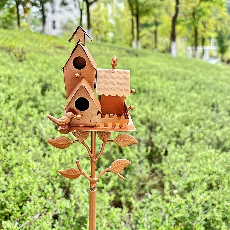 Image of Metal Garden Bird House Bird House Decoration Ornaments, Artistic Crafts Statue Ornaments Outdoor Garden Bird House Decoration