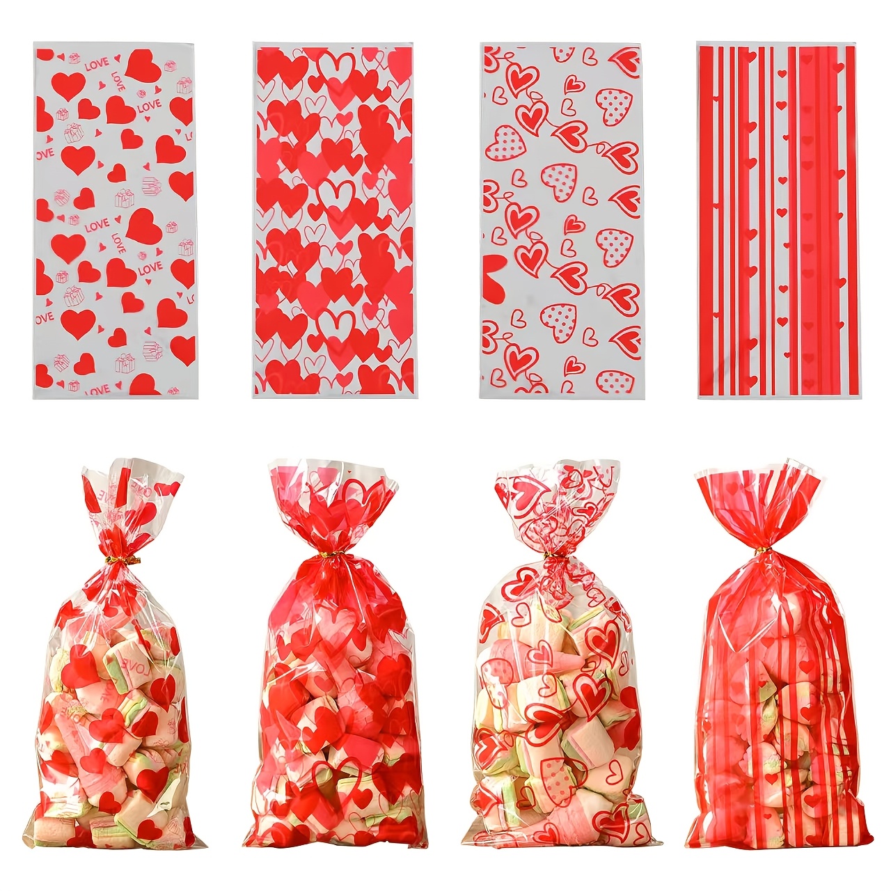 

50pcs Valentine's Day Gift Bags - Transparent Cellophane Bags With Red , Candy & Cookies