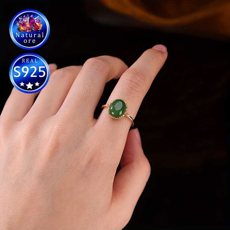 S925 Silver Green Natural Stone Adjustable Open Ring in Gift Box