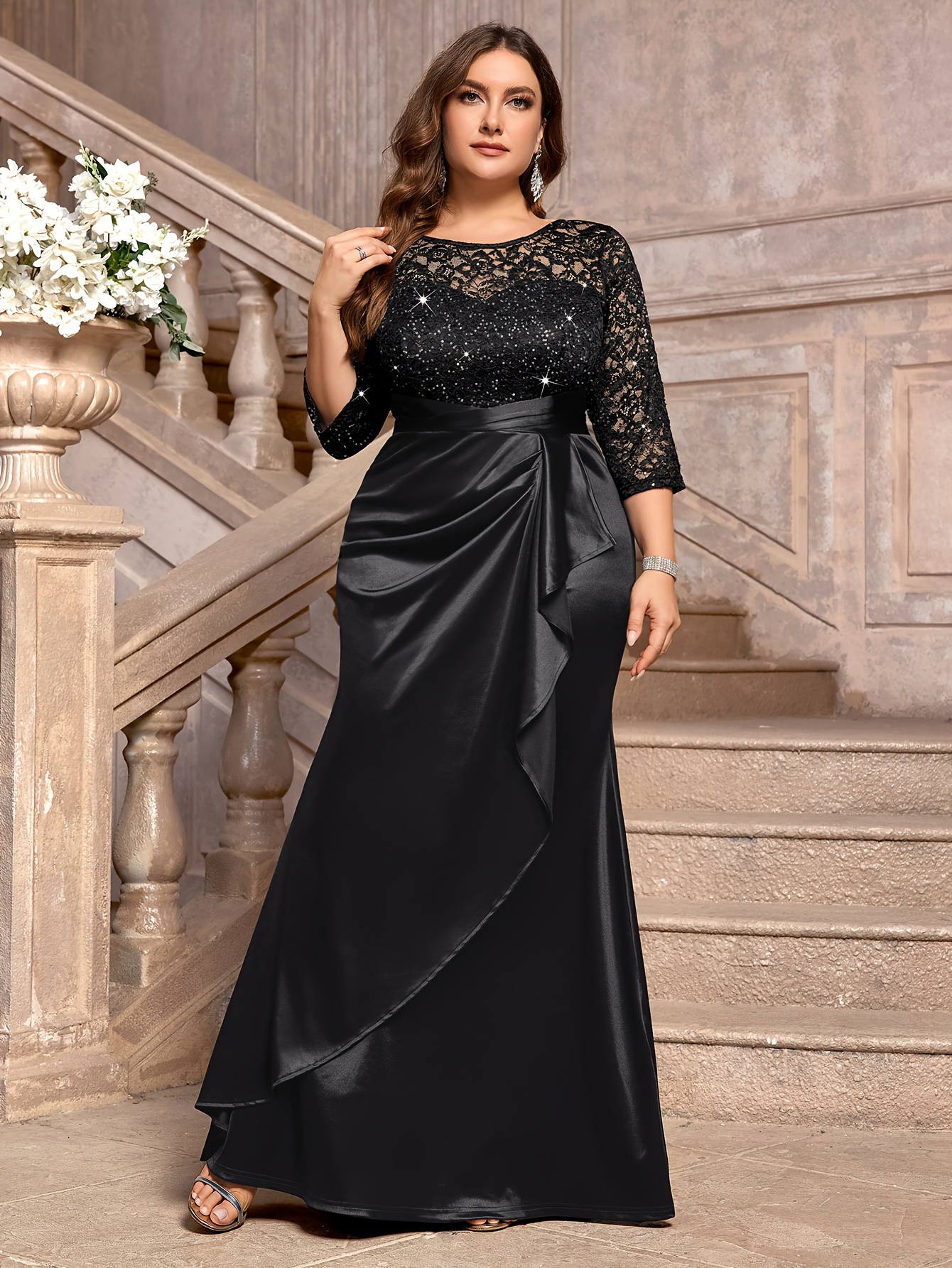 plus size stretchy formal dresses La Femme Long Jersey Plus Size Mermaid Dress - Black main image 1