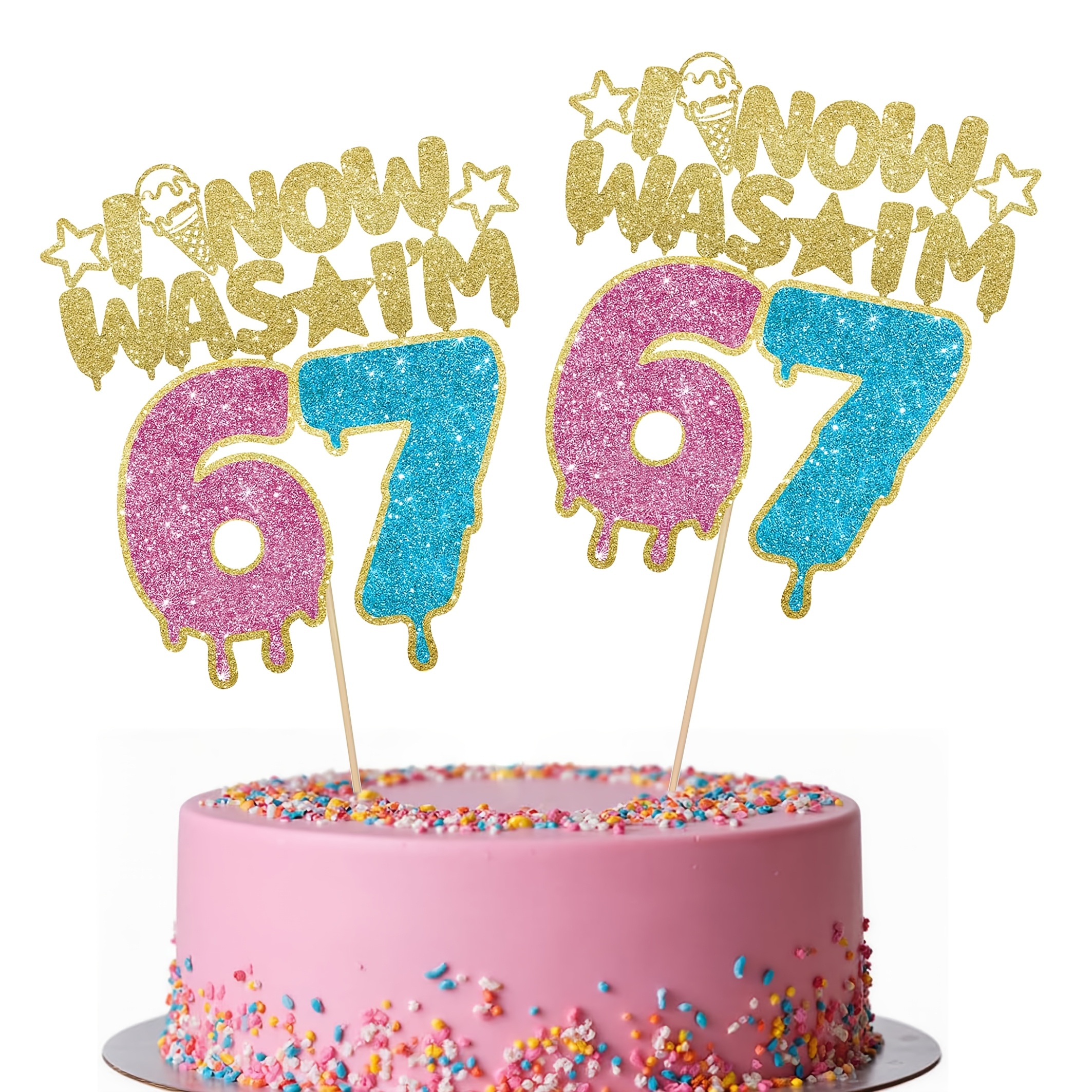 2pcs I Was 6 Now I'm Topper, 6 7 Birthday Decorations Cake Decor For Boy Girl 7 Years Old, Glitter 67 Happy Birthday Party Supllies, Pink+blue,halloween, Christmas