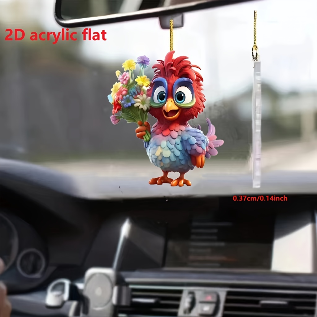 

1pc 2d Acrylic Cute Flower Cartoon Chicken Car Rearview Mirror Decorative Pendant, Bag Keychain Pendant, Home Decoration Pendant