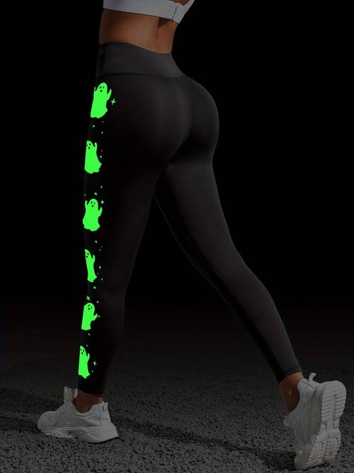 leuke -the-dark leggings met sterren- en spookprint, hoge taille, voor fitness, hardlopen en yoga