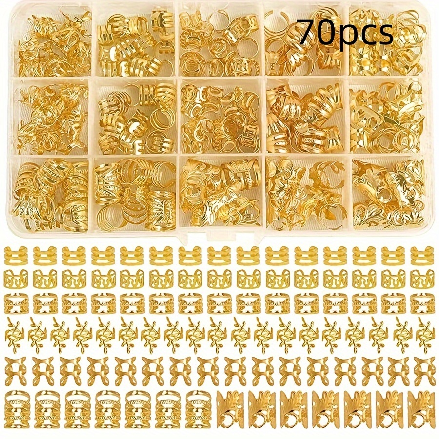 TEMU 70pcs Hair Beads Hair Cuffs Braiding Hair Rings Alloy Hair Charms For Loc Braids Hair Adjustable Metal Braid Hair Jewelry Hair Accessories (without Box)