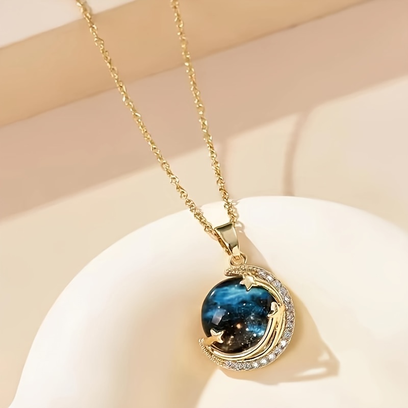 

Fashion Trend Jewelry Blue Planet Star And Moon Pendant Necklace Two-dimensional Style Micro-encrusted Rhinestone Cool Necklace Perfect Gift For Girls And Women