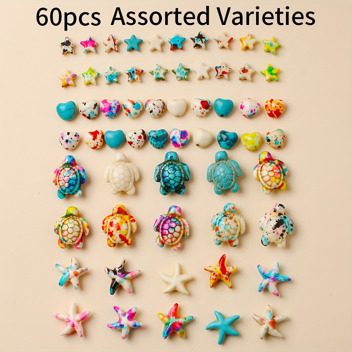 E-shop 60 Stück Ozean-inspirierte Türkis-Schildkröten, Seestern, - und Herz-Verzierungen für kreativen Schmuck. Ein vier-teiliges Set, das stylisch,