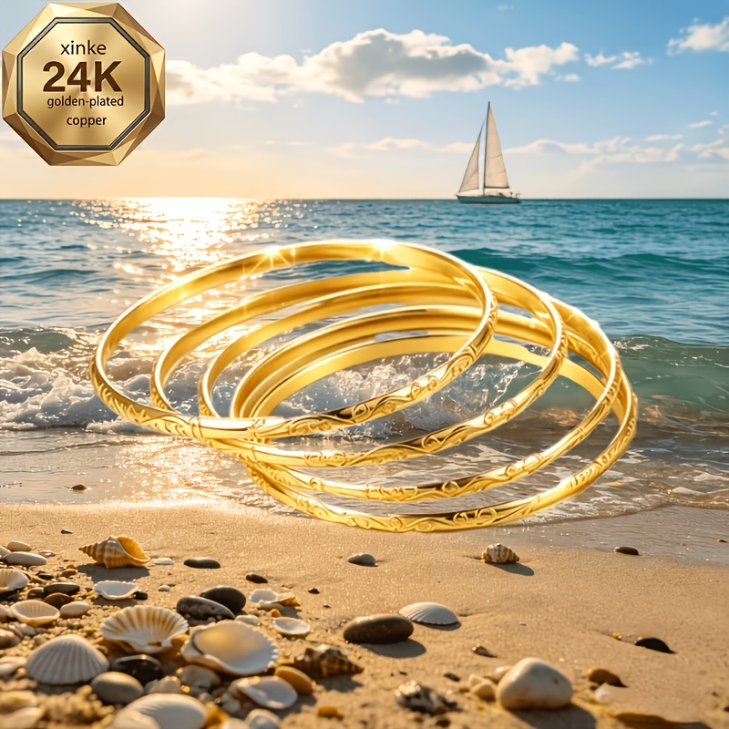 TEMU Premium Exquisite 5pcs 24k Golden Plated High-quality Women's Geometric Bangle Set, Minimalist Style Jewelry, Suitable For Daily Wear, Parties,
