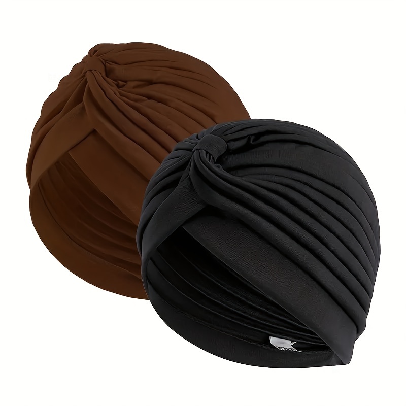 

2pcs/set Forehead Crisscross Turban Hats Solid Color Pleated Chemo Hats Elastic Lightweight Sleeping Caps For Women