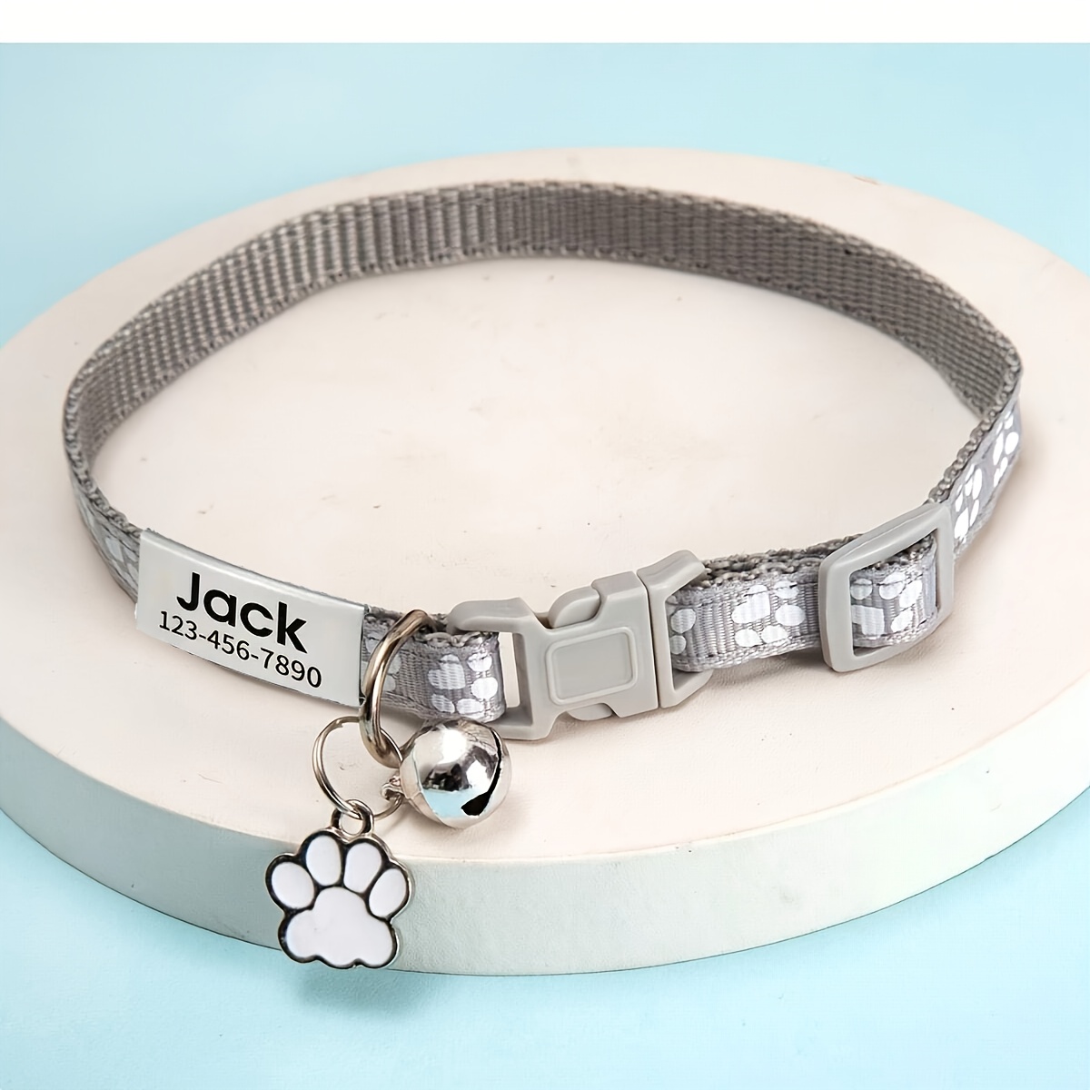 TEMU Personalized Cat Collar Compatible For Cats & Small Pets - Custom Engravable With Name, Phone Number & Contact , Paw Print Bell Pendant,