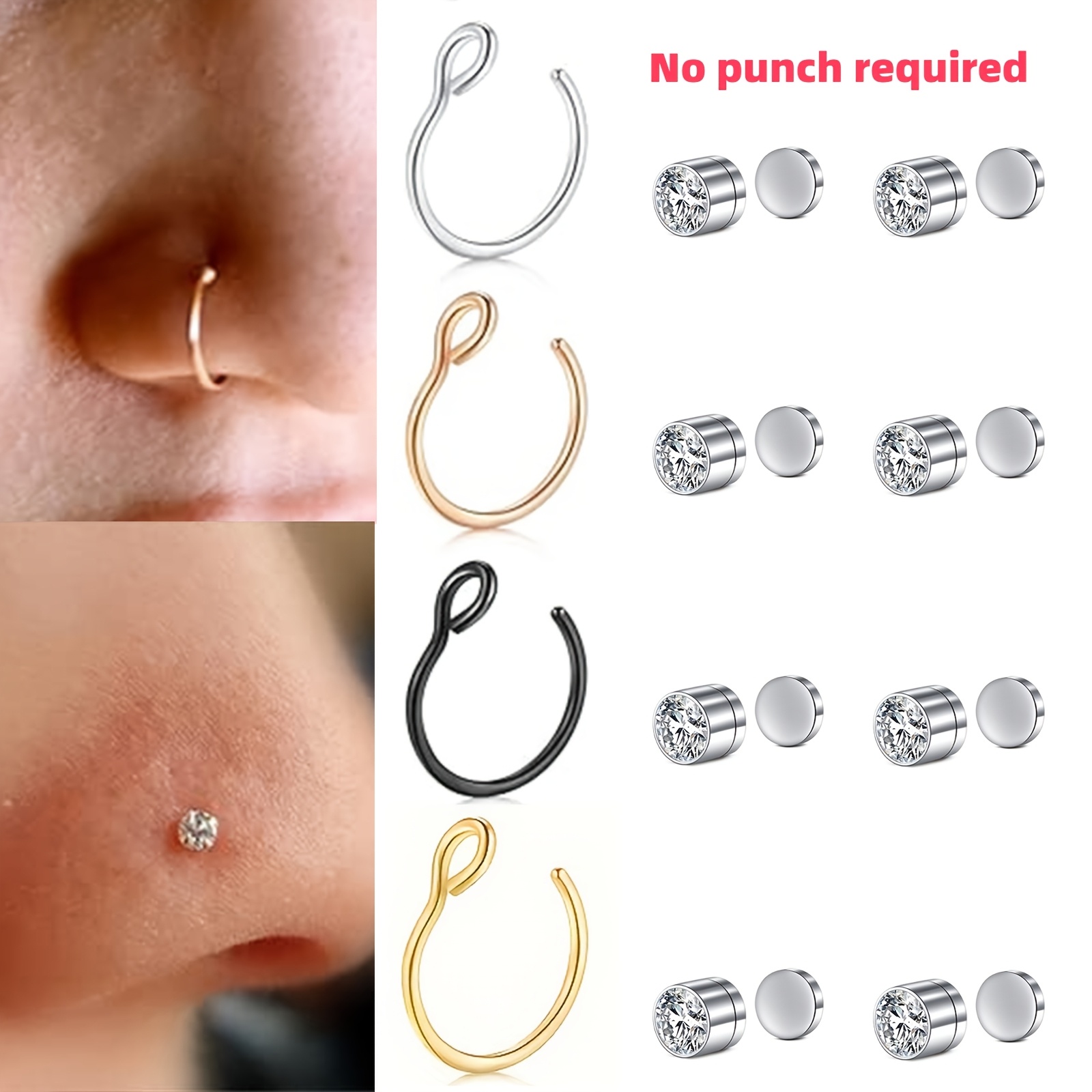 

12pcs Stainless Steel Simple Fake Nose Ring Nose Stud Set, Small Loop And Used As Lip Ring Earrings, Easy To Operate Without Piercings Wear Comfortable Valentine's Day Gift