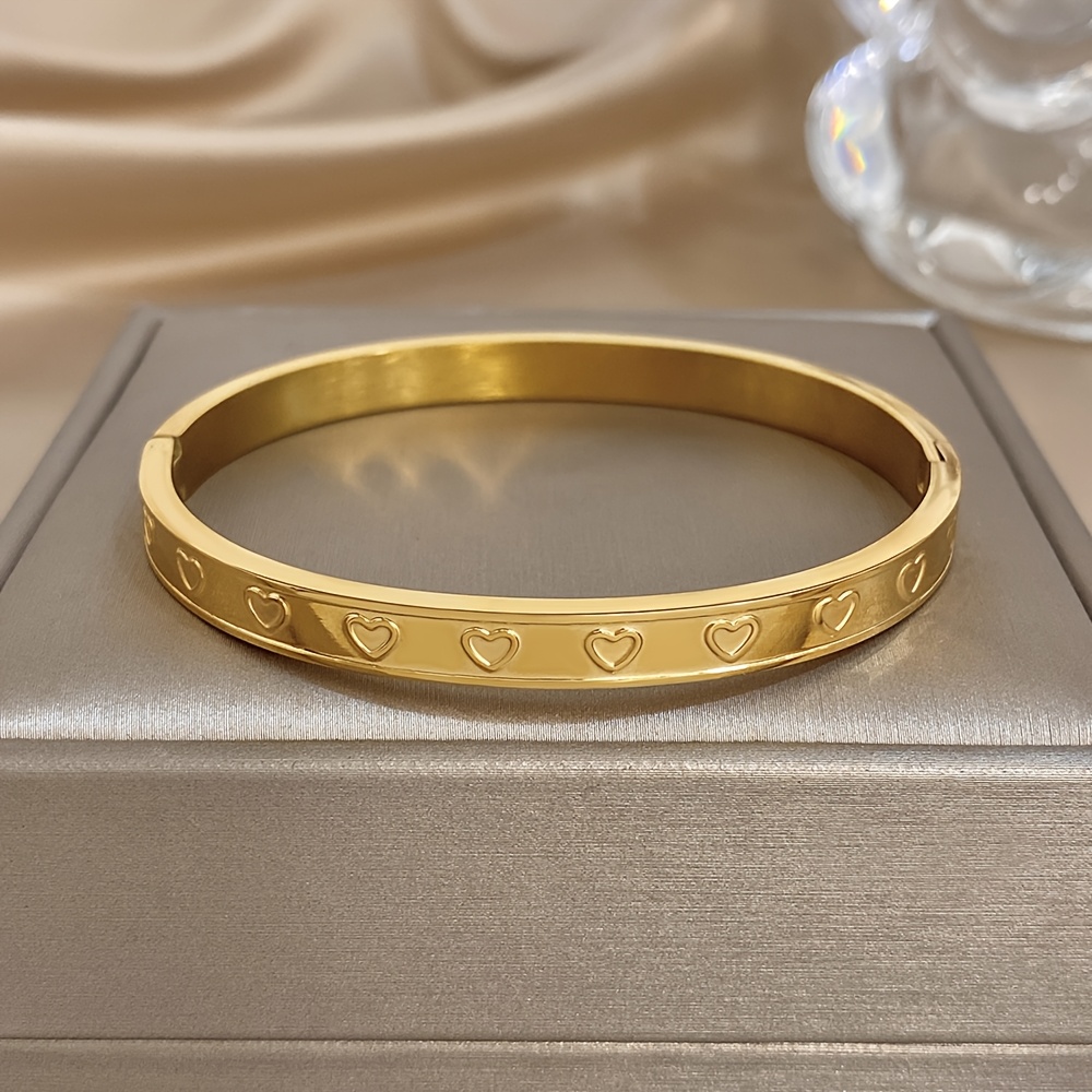 Golden-Plated Heart-Shaped Stainless Steel Bracelet, Adjustable Cuff