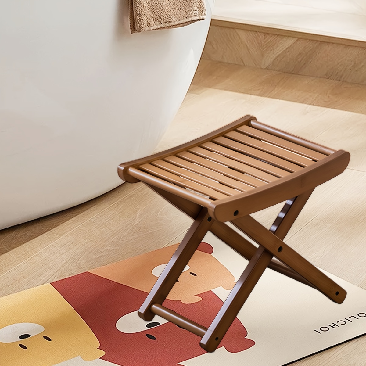 foldable bamboo shower bench multi use step stool for shower leg shaving   rest lightweight portable bamboo bath seat shower stool   shower chair for inside shower Product details 0