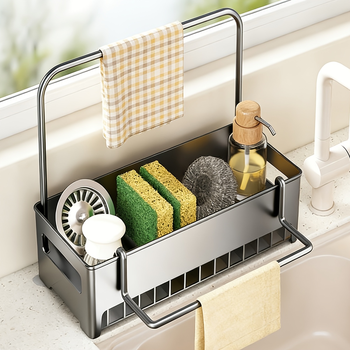 TEMU Kitchen Sink Organizer With Towel Bar, Adjustable Sponge Holder, Suitable For Kitchen Sinks, Detachable Countertop Rack, For Storing Dish Soap,