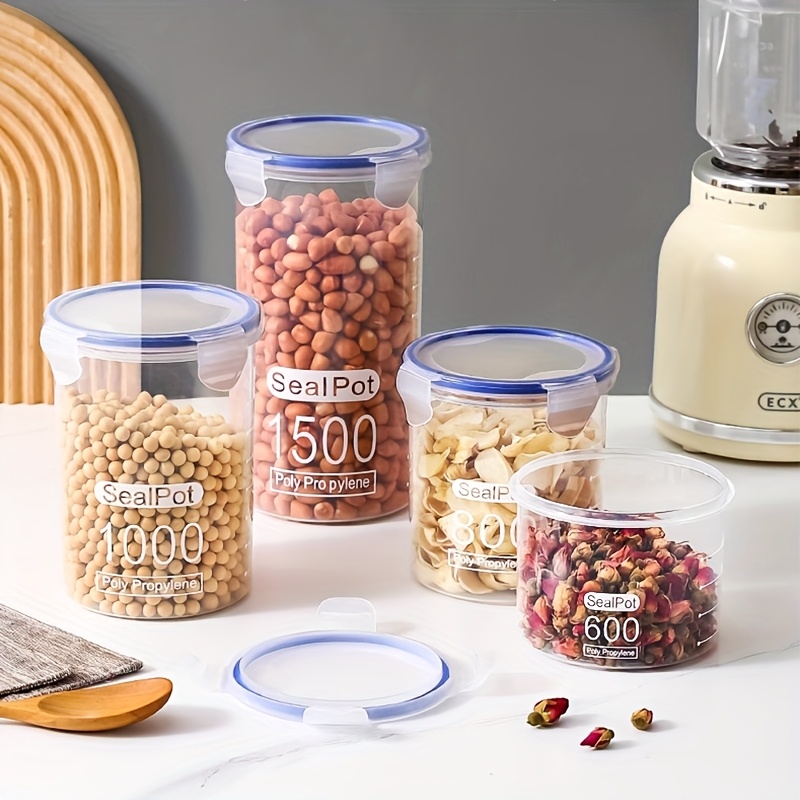 5pcs Set of 1000ml Transparent Sealed Containers, Suitable for Storing Grains, Whole Grains, Snacks, and Spices. Reusable Refrigerator Storage Boxes with Lids and Four-Corner Snap Closures. Round Containers Made of Transparent PP Plastic with Sealing
