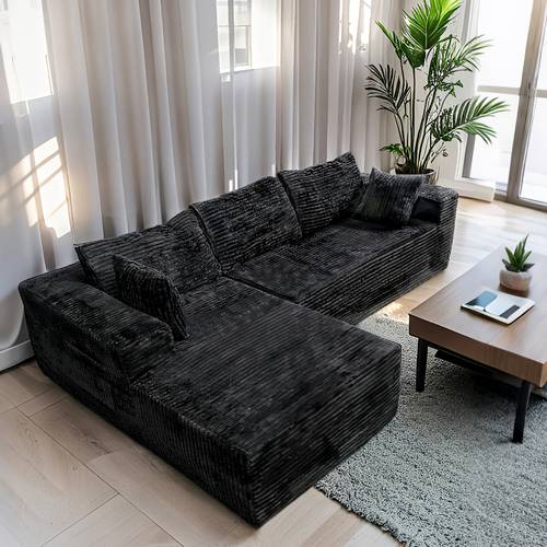 elegant room setup soft ribbed fabric corner sofa light filled interior tabletop greenery color