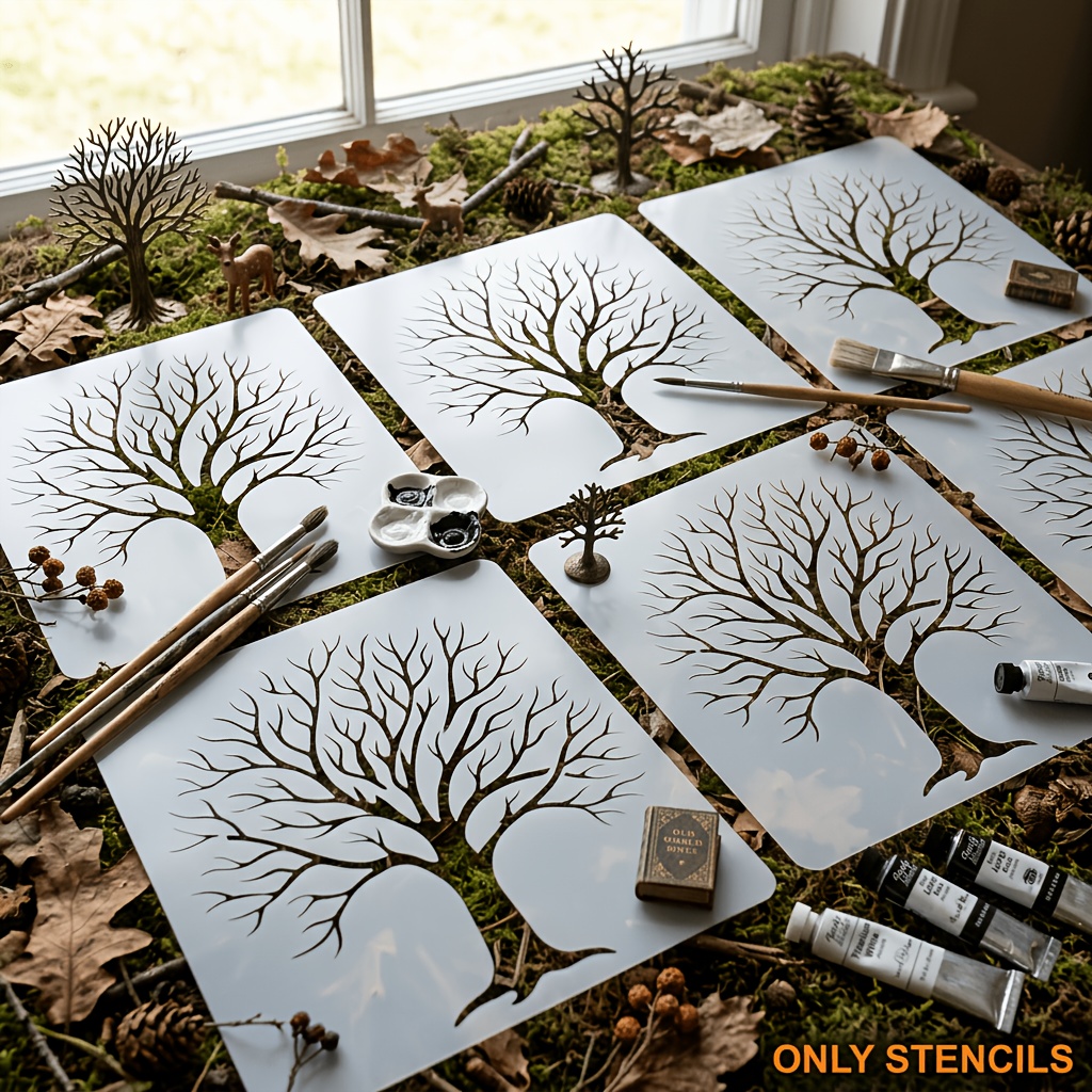 TEMU Ensemble de pochoirs réutilisables à silhouette d'arbre - de branches naturelles avec pochoirs d'arbres morts évidés, adaptés pour le bricolage,