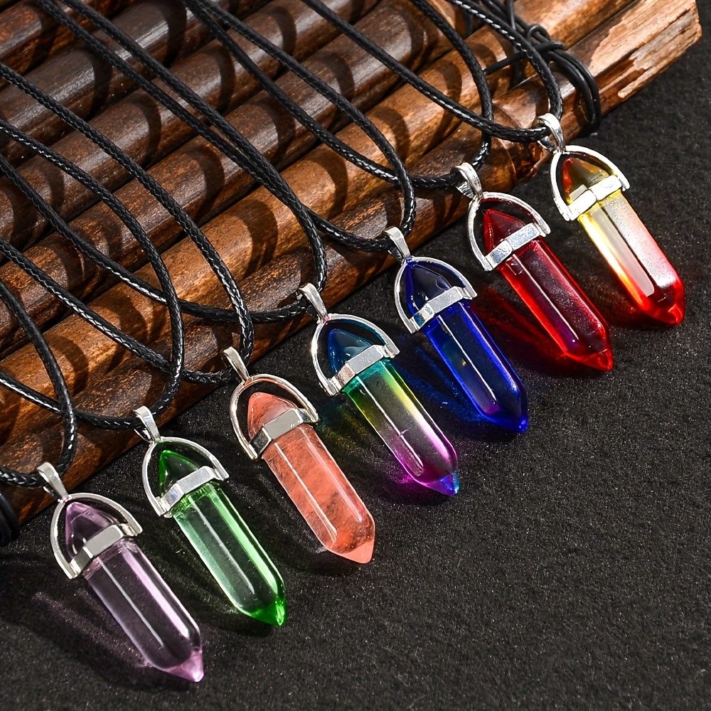 10pcs Multicolor Glass Hexagonal Column Pendant Necklace Set
