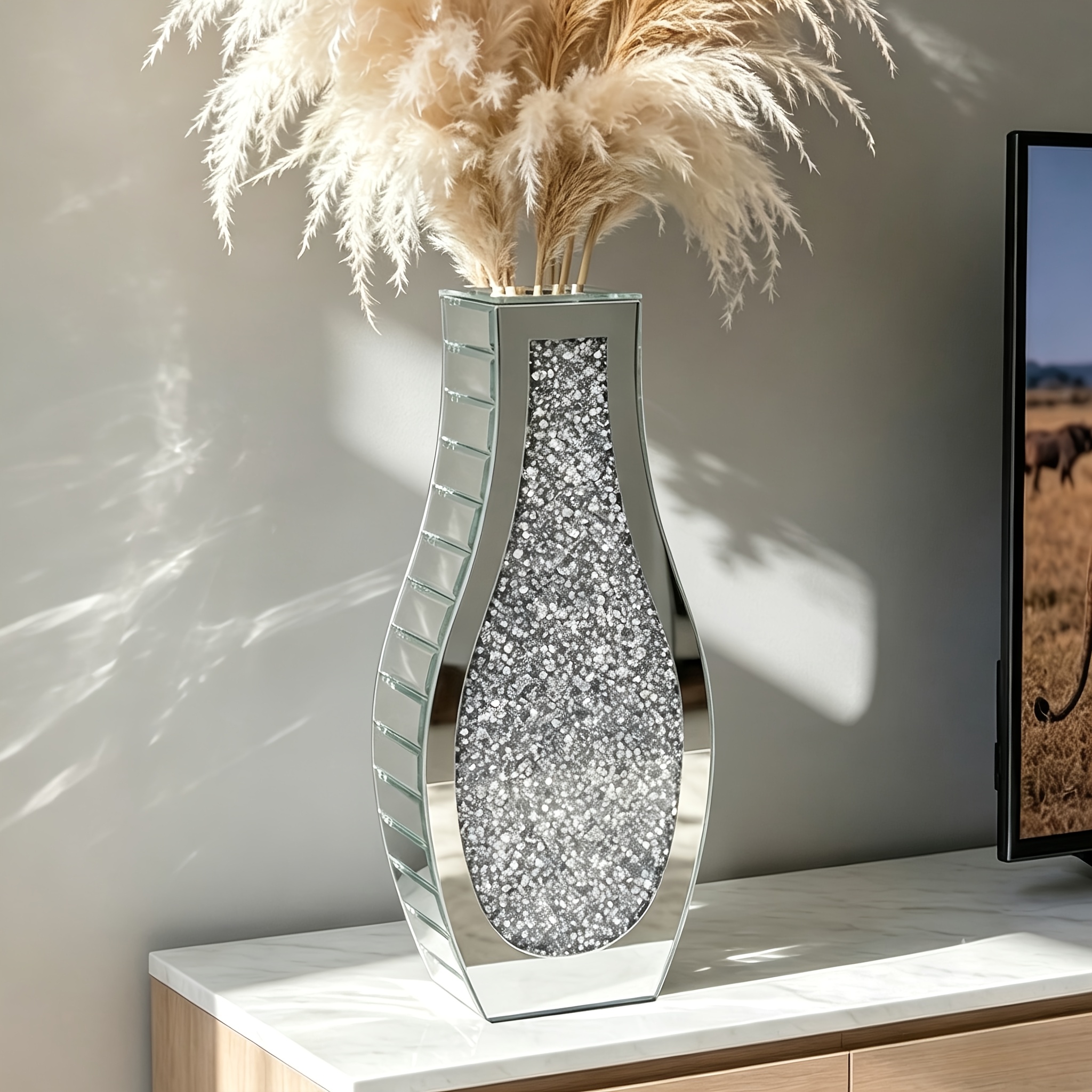 Image of Large 39cm Crushed Diamond Vase, Crystal Glass Mirror Floral Vase For Dried Flowers , Glam Home Decor, Table Centerpiece For Living Room Bedside Decorative Gift
