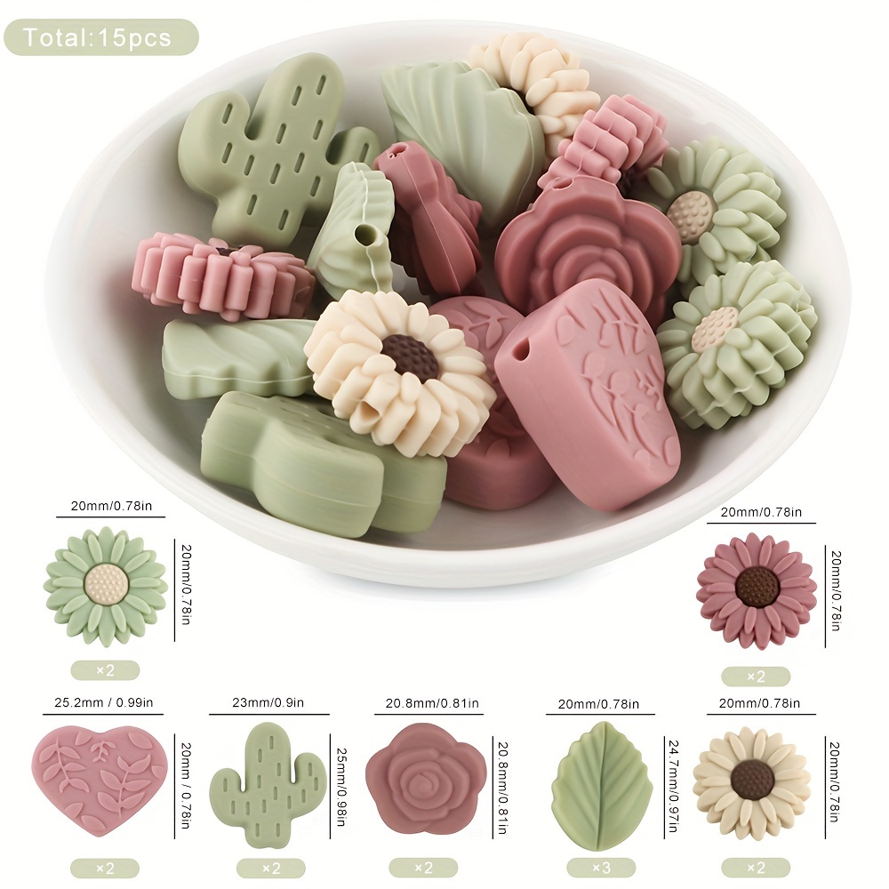 

15-piece Silicone Beads Set - Plant-inspired Shapes Including Sunflower, Cactus, Leaf & Rose For Diy Crafts, Handmade Decorations & Bag Charms