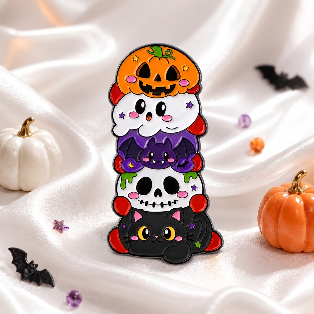 TEMU Halloween Stacked Cartoon Enamel Pins: Pumpkin,, Bat, Skull, Black Cat Pins For Halloween And Party Accessories, Bag, Hat, And Clothing