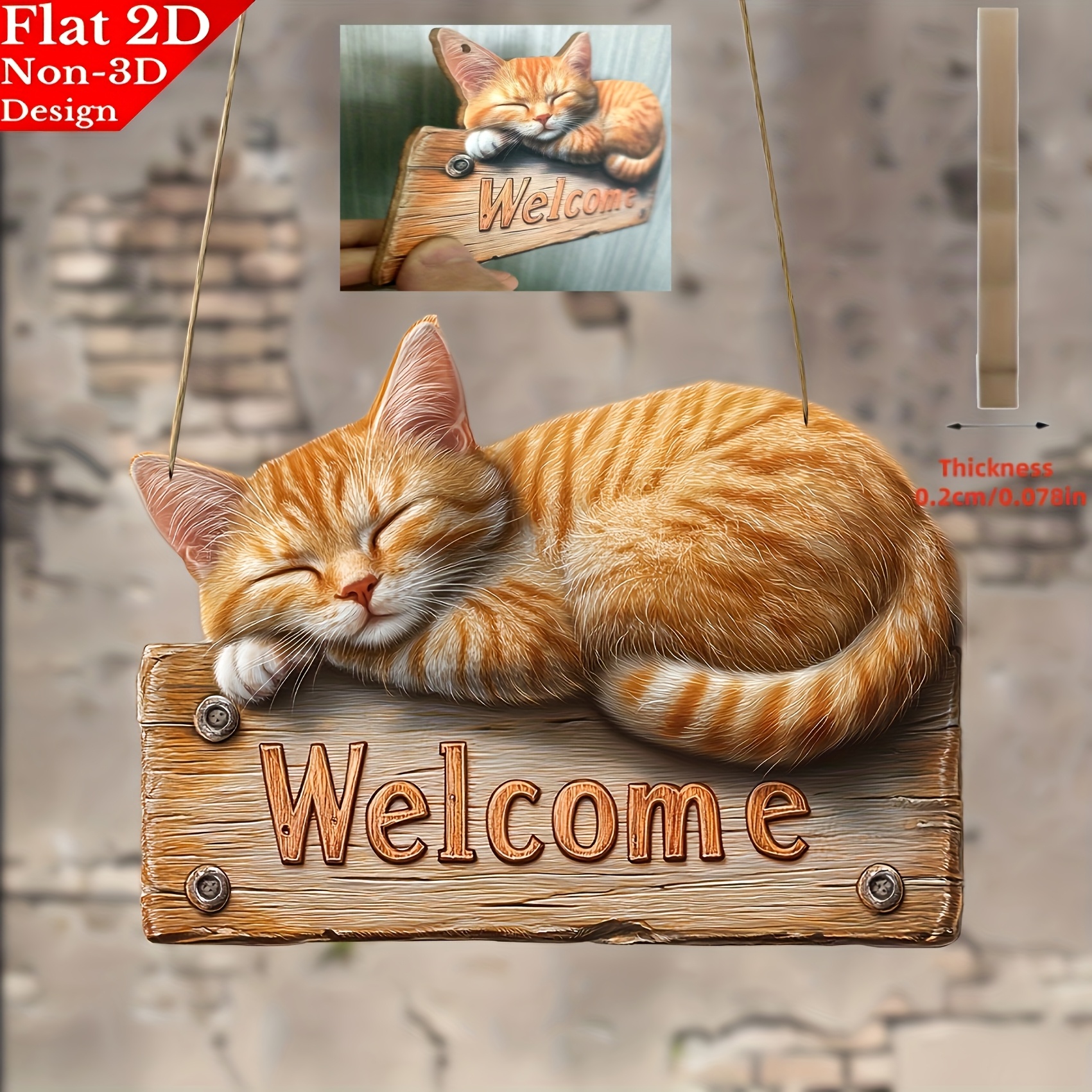 TEMU Panneau de Style Bohème 2D Plat, 1 Pièce - Ornement Suspendu en Bois Artificiel avec Design de Chaton , Décoration Murale Intérieur/Extérieur,
