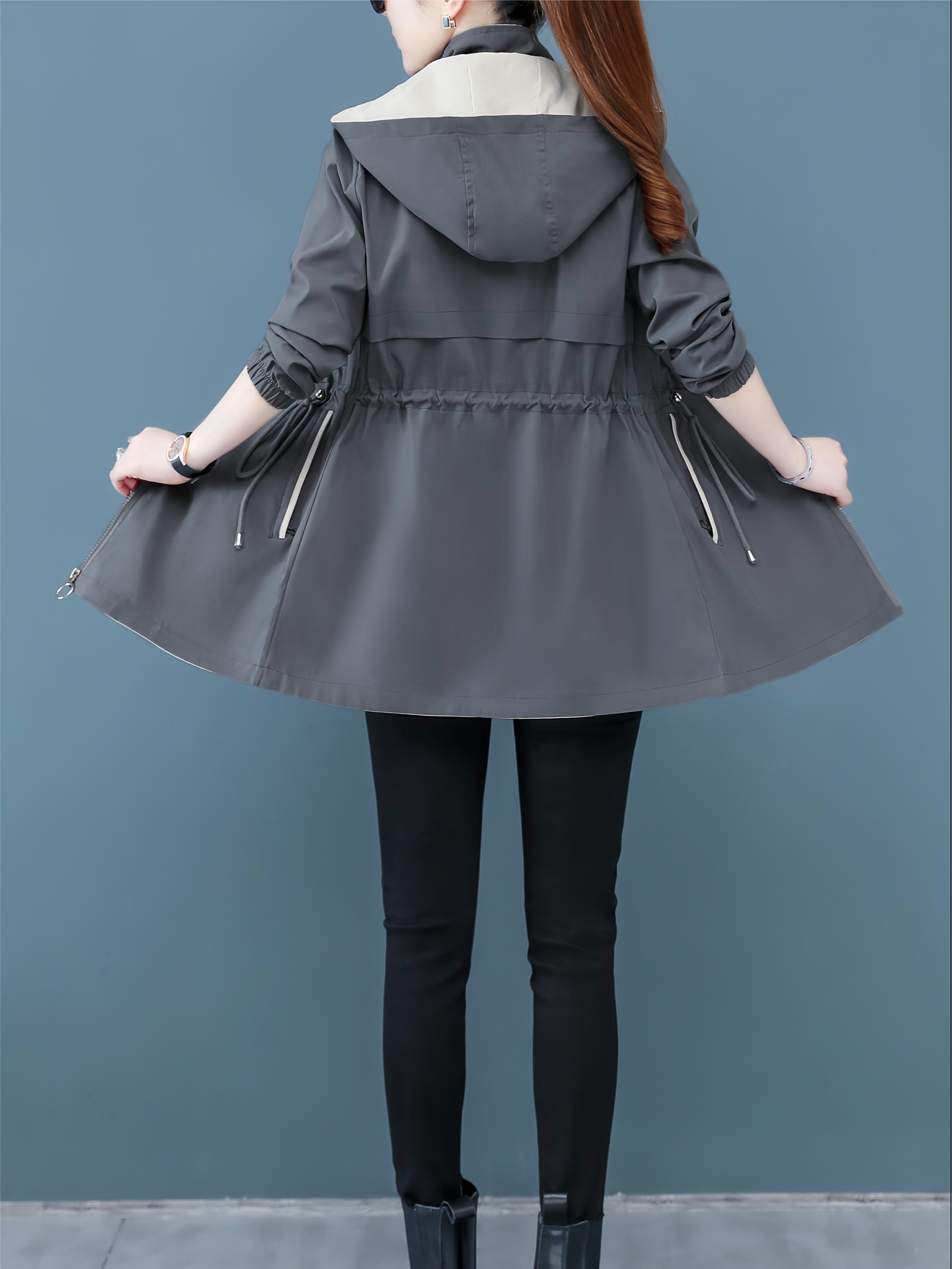 Abrigo Tipo Trench con Capucha Reversible para Mujer - Chaqueta Ajustada y Casual con Bolsillos Cremallados, Uso Doble Cara, Beige y Granate, Poliéster Ligero para Primavera/Otoño - Imagen 4