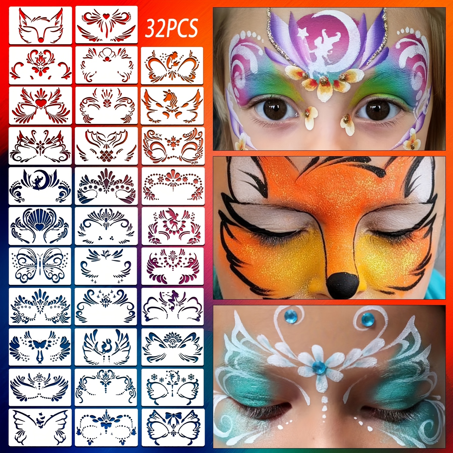 TEMU 1 Set/32 Stück Gesichtsmalerei Serie Malhilfe Schablonen für Make-up, Bälle, Cosplay, Karneval, Geburtstagsfeier, usw. Hohle Bunte Malvorlagen,