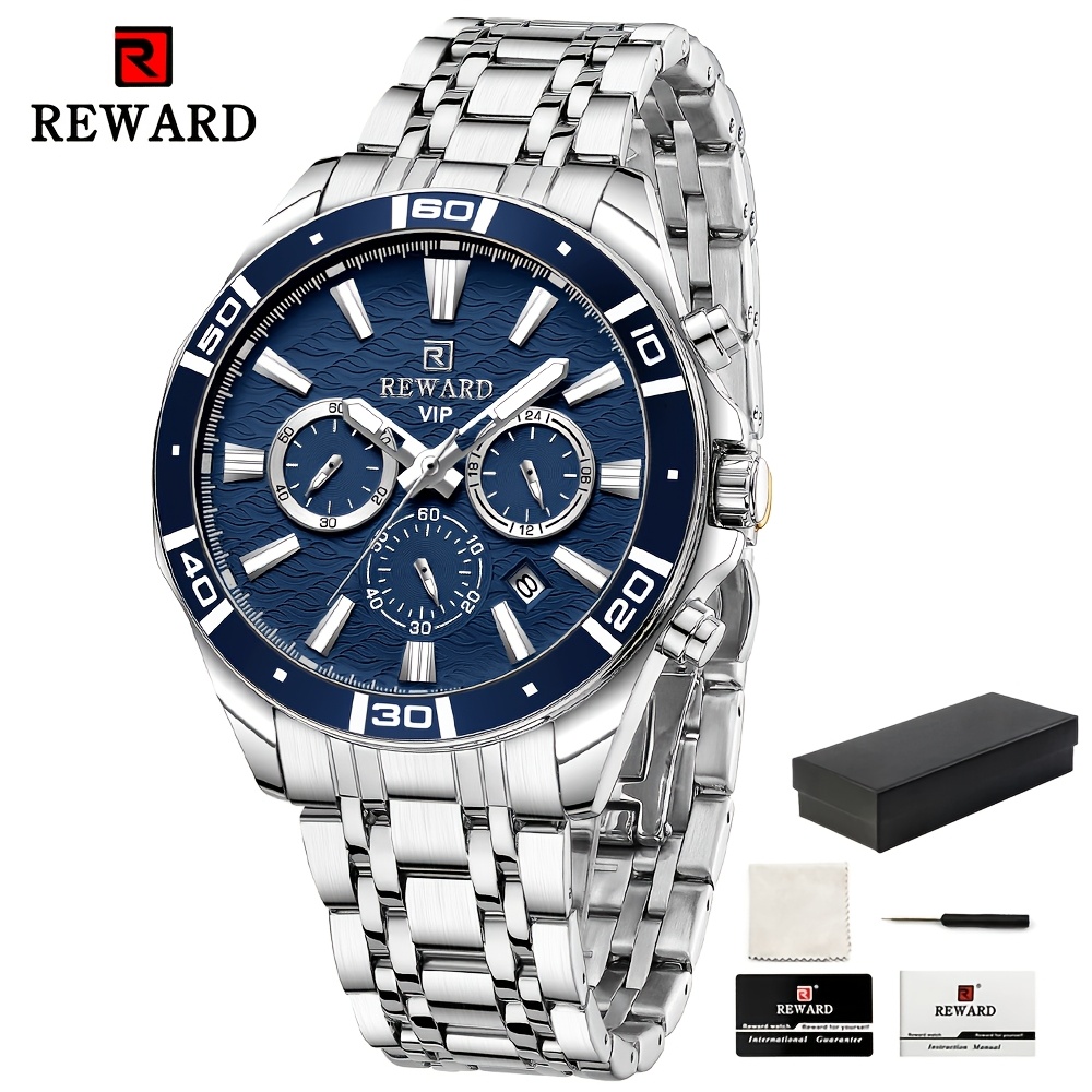 Image of Reward Watches For Men Stainless Quartz Wristwatches Chronograph Luminous Sport Wrist Watch Rose Black Blue Silvery Blue