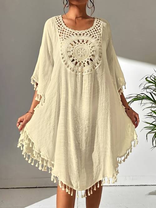 bohemian style casual cover up suitable for outdoor wear beach vacations lace detail with and small tassel