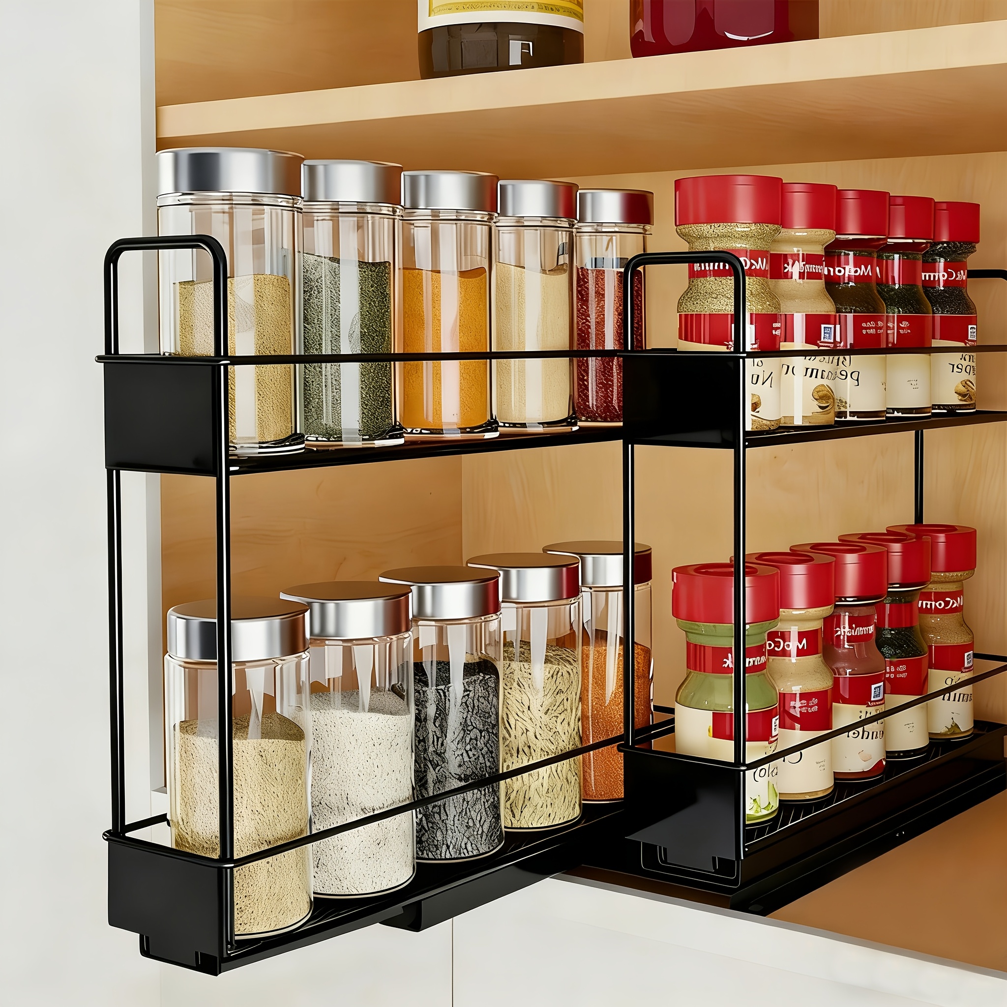 TEMU Heavy Duty 2-tier Slide-out Spice Rack Organizer With Labels - Adjustable Metal Kitchen Cabinet Storage Shelf, Space-saving Sliding Mechanism,